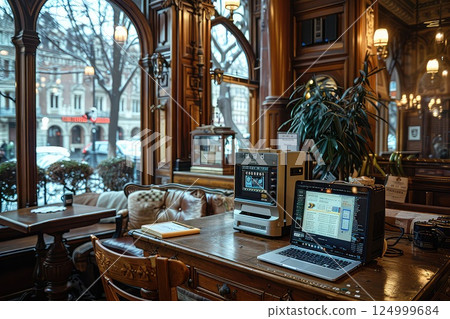 Freelancer's working place with a laptop at a sidewalk cafe. An inviting empty chair at the sidewalk cafe hints at the creative energy that will soon fill this cozy workspace. 124999684