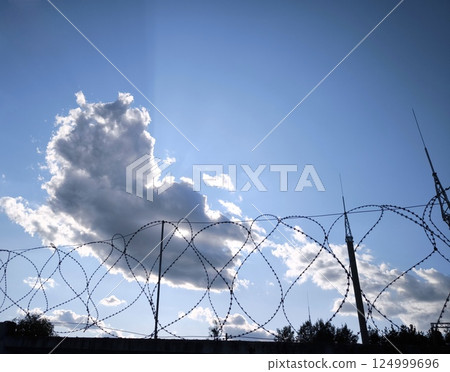 Barbed wire on a summer day against a peaceful sky with clouds and rays of the sun. 124999696