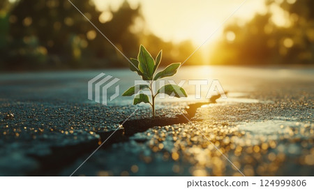 Small Green Plant Growing Through Asphalt in a Warm Sunset Light 124999806