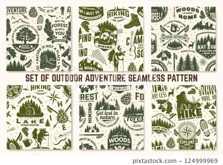 Set of hiking outdoor adventure seamless pattern. Background, wallpaper, seamless pattern with pin forest, hiker, hiking boots, moose in canoe, lake, oak leaf and acorns and mountain. Vector. 124999969