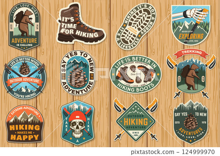 Set of hiking outdoor adventure emblems, logos, badges. Hiking related typographic quote. Design with human skeleton hand holding hiker pole, hiking boot, pine cone, mountains. Set of hiking outdoor adventure emblems, logos, badges. Hiking related typographic quote. Design with human skeleton hand holding hiker pole, hiking boot, pine cone, mountains. 124999970