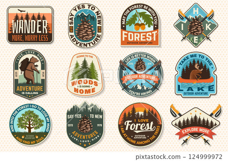 Set of hiking patch design with inspirational adventure quotes. Concept with pin forest, hiker, hiking boots, moose, bear and mountain. Vector illustration. Set of hiking patch design with inspirational adventure quotes. Concept with pin forest, hiker, hiking boots, moose, bear and mountain. Vector illustration. 124999972