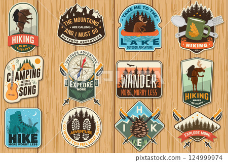 Set of logo, badge design with inspirational adventure quotes. Concept with pin forest, hiker, hiking boots, moose in canoe, lake and mountain. Vector illustration. Set of logo, badge design with inspirational adventure quotes. Concept with pin forest, hiker, hiking boots, moose in canoe, lake and mountain. Vector illustration. 124999974