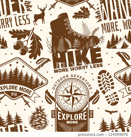 Hiking outdoor adventure seamless pattern. Background, wallpaper, seamless pattern with pin forest, old retro compass, trekking sticks, hiking boots and mountain. Vector. 124999976