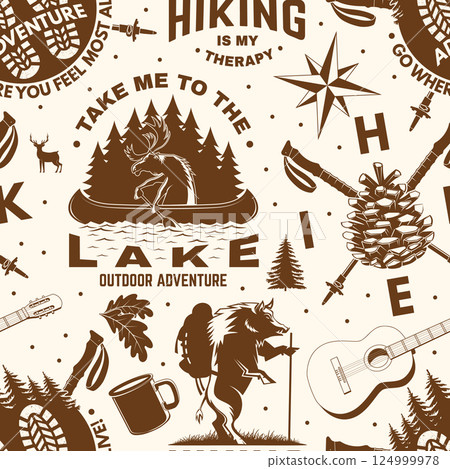 Hiking outdoor adventure seamless pattern. Background, wallpaper, seamless pattern with pin forest, hiker, hiking boots, moose in canoe, lake and mountain. Vector. Hiking outdoor adventure seamless pattern. Background, wallpaper, seamless pattern with pin forest, hiker, hiking boots, moose in canoe, lake and mountain. Vector. 124999978