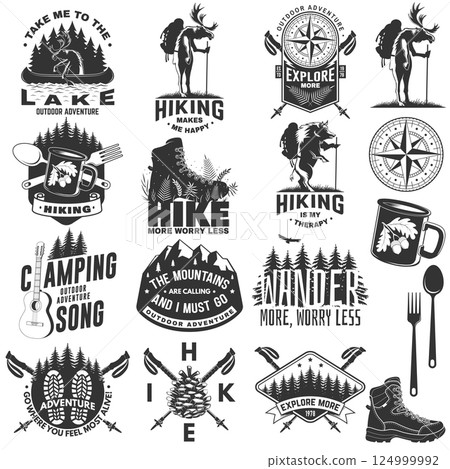 Set of logo, badge design with inspirational adventure quotes. Concept with pin forest, hiker, hiking boots, moose in canoe, lake and mountain. Vector. 124999992