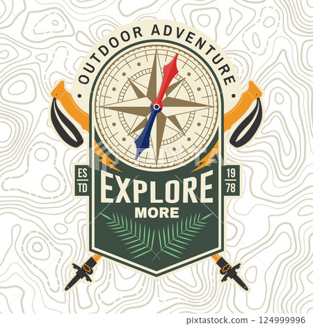 Explore more. Camping quote. Vector. Concept for shirt or logo, print, stamp or tee. Vintage typography design with old retro compass and Trekking sticks. 124999996
