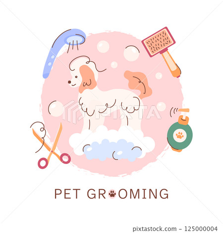 A template for caring for dogs and pets. The logo of the salon is a hairdresser for animals, haircuts, bathing. Pedigreed dog in soapy foam, with accessories for washing, shampoo, shower, scissors. A template for caring for dogs and pets. The logo of the salon is a hairdresser for animals, haircuts, bathing. Pedigreed dog in soapy foam, with accessories for washing, shampoo, shower, scissors. 125000004