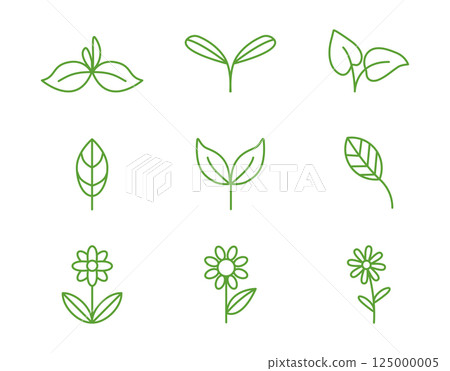 A set of icons with plants, foliage, flowers, natural linear symbols, logos dedicated to caring for nature. Highlighting environmental issues of nature, caring for plants, landscaping. A set of icons with plants, foliage, flowers, natural linear symbols, logos dedicated to caring for nature. Highlighting environmental issues of nature, caring for plants, landscaping. 125000005