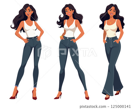 Confident young woman cartoon illustration set in casual outfit Confident young woman cartoon illustration set in casual outfit 125000141