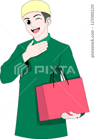 Muslim Boy Cartoon Smiling with Shopping Bag 125000220