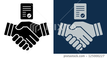 Handshake agreement icon with contract document. Business partnership and deal concept. Legal document approval and corporate cooperation symbol in black and blue flat style illustration. Handshake agreement icon with contract document. Business partnership and deal concept. Legal document approval and corporate cooperation symbol in black and blue flat style illustration. 125000227
