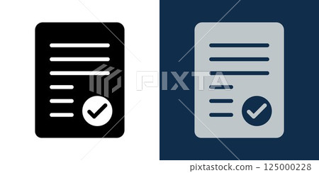 Document approval icon. Contract paper with check mark symbol. Legal form validation, confirmed report or signed file icon in flat black and blue style for business, office and corporate use. 125000228