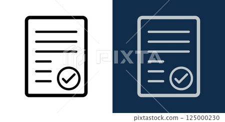 Document with check mark icon. Icon of approved paper form with check mark. Editable Stroke. Perfect for business, contract, agreement, certification, form, or official validation use. 125000230