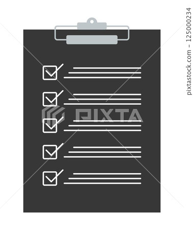 Dark clipboard with checklist icon. White tick marks in checkboxes on a black background. Minimalist task list design for business, office planning, or productivity visuals. 125000234