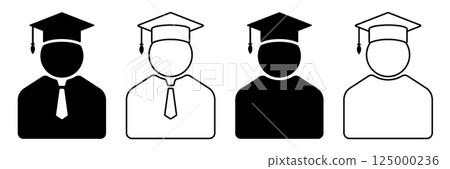 Graduation icon set with graduate avatars in cap and gown. Editable Stroke. Flat and outline student symbols for education, learning, success, university, and achievement themes. 125000236