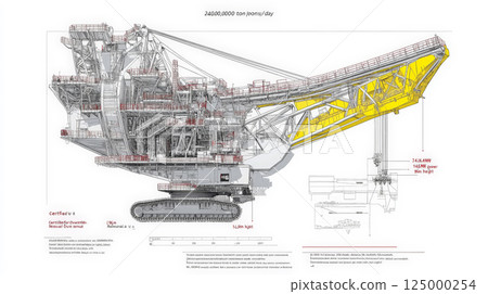 An ultra-detailed technical blueprint of the Bagger bucket-wheel excavator, meticulously rendered in RAL 1003 yellow and black on a pristine white background. Generative AI 125000254