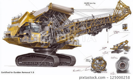 An ultra-detailed technical blueprint of the Bagger bucket-wheel excavator, meticulously rendered in RAL 1003 yellow and black on a pristine white background. Generative AI 125000258