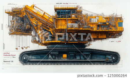 An ultra-detailed technical blueprint of the Bagger bucket-wheel excavator, meticulously rendered in RAL 1003 yellow and black on a pristine white background. Generative AI 125000264