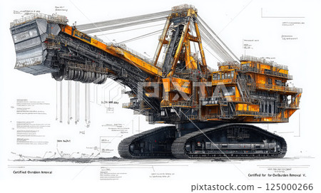 An ultra-detailed technical blueprint of the Bagger bucket-wheel excavator, meticulously rendered in RAL 1003 yellow and black on a pristine white background. Generative AI 125000266