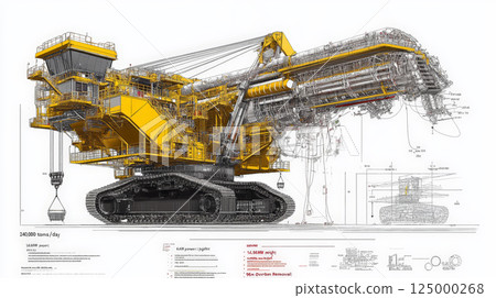 An ultra-detailed technical blueprint of the Bagger bucket-wheel excavator, meticulously rendered in RAL 1003 yellow and black on a pristine white background. Generative AI 125000268
