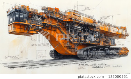 An ultra-detailed technical blueprint of the Bagger bucket-wheel excavator, meticulously rendered in RAL 1003 yellow and black on a pristine white background. Generative AI 125000361