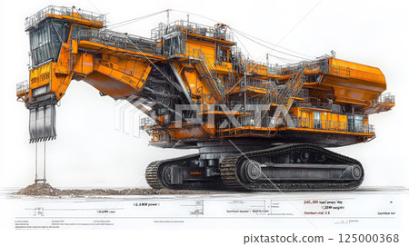 An ultra-detailed technical blueprint of the Bagger bucket-wheel excavator, meticulously rendered in RAL 1003 yellow and black on a pristine white background. Generative AI 125000368