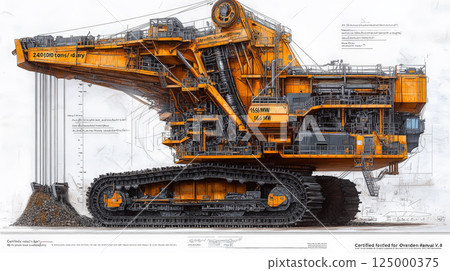 An ultra-detailed technical blueprint of the Bagger bucket-wheel excavator, meticulously rendered in RAL 1003 yellow and black on a pristine white background. Generative AI 125000375