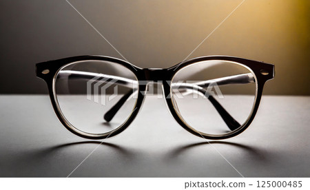 A pair of stylish black-framed eyeglasses is presented against a softly lit background, symbolizing clarity of sight and intellectual focus. 125000485