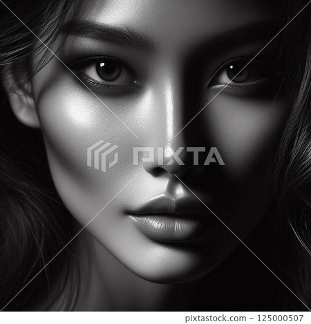 A captivating black and white portrait highlighting the striking features and intense gaze of a woman. A captivating black and white portrait highlighting the striking features and intense gaze of a woman. 125000507
