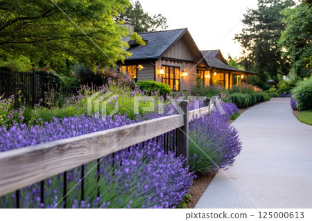 Lavender blooming along wooden fence in front of house 125000613