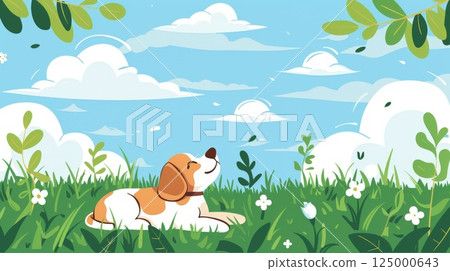 Illustrated Dog Relaxing in a Colorful Green Garden on a Sunny Day 125000643