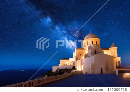 The Monastery of orthodox monastery, illuminated at night under the milky way 125000718
