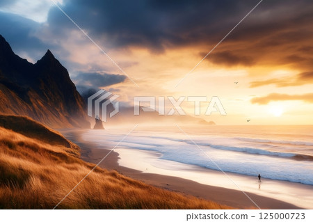 Lone hiker walking on empty beach at sunset with dramatic sky and mountains 125000723
