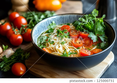 Bowl of delicious hot noodle soup with cherry tomatoes and fresh herbs 125000731