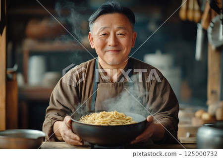 Smiling chef holding steaming bowl of delicious ramen in traditional kitchen 125000732