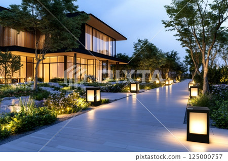 Modern building with illuminated walkway and garden at dusk 125000757