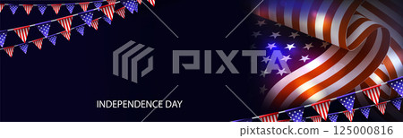Illustration with wavy silhouette of American flag with bright flashes, garland of flags 125000816