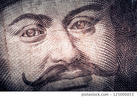 Detailed close-up of a Prince sovereign Francis II Rakoczi on Hungarian forint . Detailed close-up of a Prince sovereign Francis II Rakoczi on Hungarian forint . 125000853