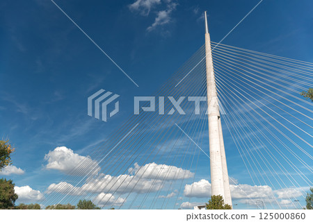 Ada bridge in Belgrade, Serbia reaching for the sky on a sunny day 125000860