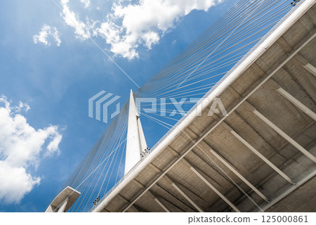 Modern Ada Bridge towering over blue sky in Belgrade, Serbia Modern Ada Bridge towering over blue sky in Belgrade, Serbia 125000861