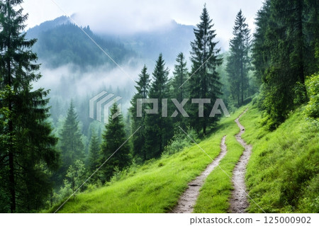 Winding path leading through a misty forest landscape 125000902