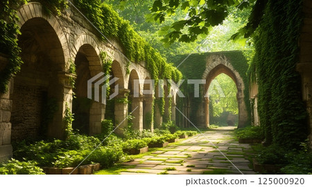 Ivy is covering the ancient arches of a cloister in a peaceful garden 125000920