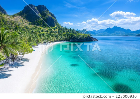Tropical white sand beach and turquoise water meeting lush green jungle in Coron, Palawan, Philippines 125000936