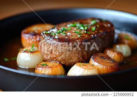 Juicy steak with roasted onions resting in a pan 125000952
