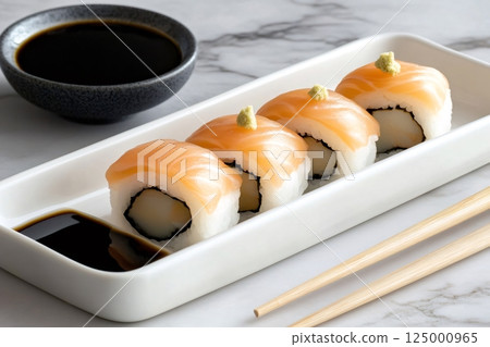 Salmon nigiri sushi resting on white plate with soy sauce and chopsticks 125000965