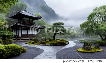 Traditional japanese architecture surrounded by a lush green Traditional japanese architecture surrounded by a lush green 125000980
