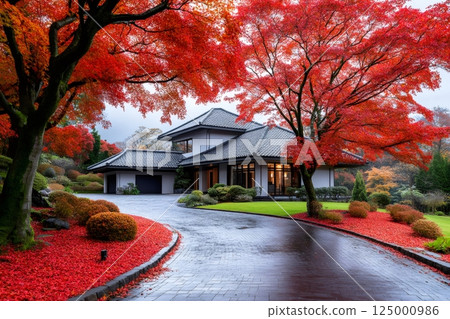 Modern house with japanese garden during autumn season with red maple trees Modern house with japanese garden during autumn season with red maple trees 125000986