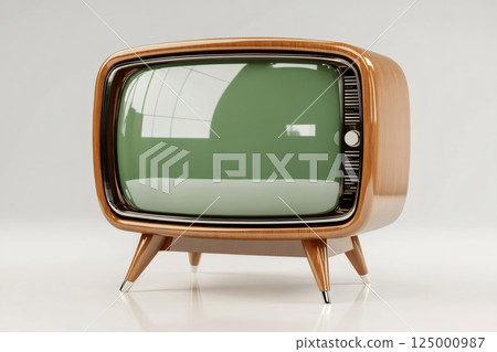 Vintage wooden television set showing green screen on white background 125000987