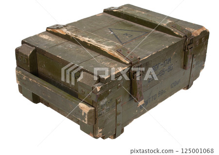 Soviet army ammunition green crate. Text in russian - type of ammunition, projectile caliber, projectile type, number of pieces and weight. 125001068